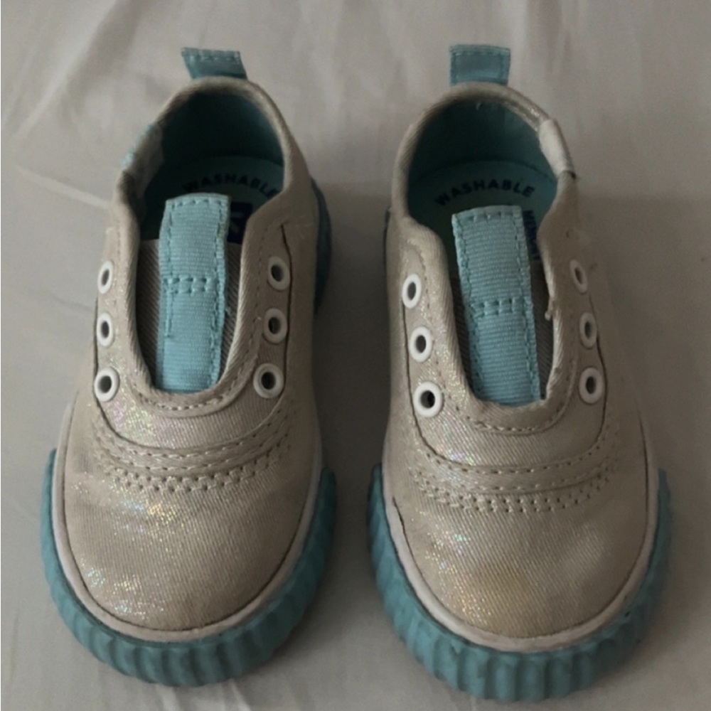 Toddler girl keds size 5.5. Sparkly silver with blue accents.